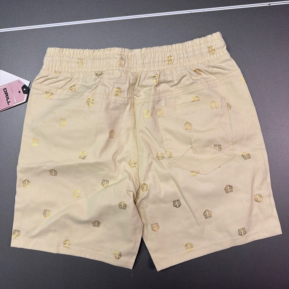 Drill Clothing Co NYC Mens Shorts Wheat Gold Tiger Crown Foil Print Medium NWT